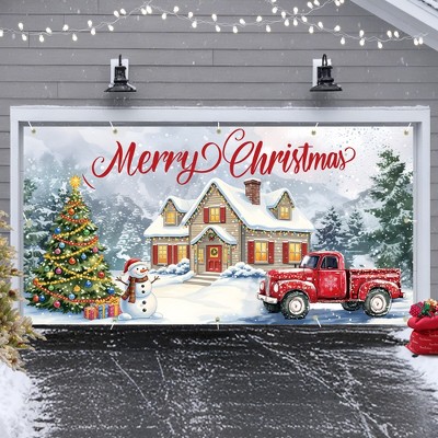 Customized Christmas Garage Banner 7x16Ft 100D Polyester Cloth, Snowman Theme with Red Trucks and Christmas Trees