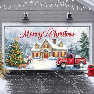 Customized Christmas Garage Banner 7x16Ft 100D Polyester Cloth, Snowman Theme with Red Trucks and Christmas Trees - 1 of 4