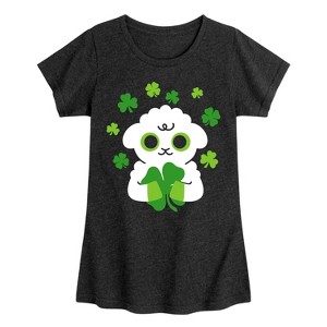 Girls' - Instant Message - St. Patrick's Day Sheep Holding a Shamrock Fitted Short Sleeve Graphic T-Shirt - 1 of 4