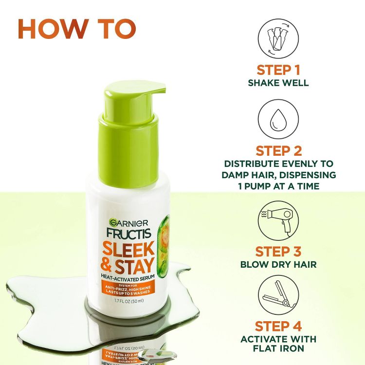 A bottle of Garnier Fructis Sleek & Stay heat-activated serum with instructions for use, including shaking well, distributing to damp hair, blow drying, and activating with a flat iron.
