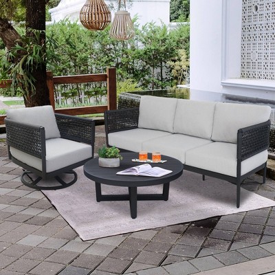 Modern Black Woven Rope Outdoor Patio Set with Off-White Cushions