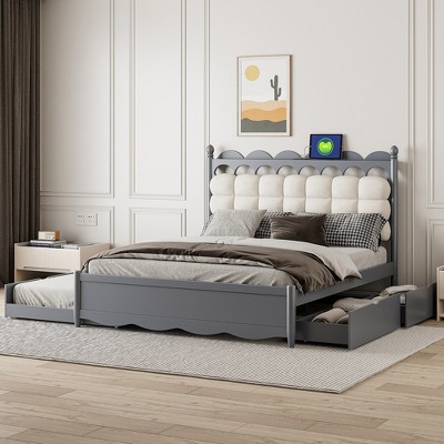 Queen Size Wooden Storage Platform Bed with 2 Drawers and Twin-XL Size Trundle, Bed Frame with Upholstered Headboard & USB Ports - ModernLuxe
