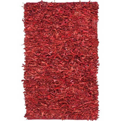 Red Hand-Knotted Leather Shag Rug with Cotton Backing