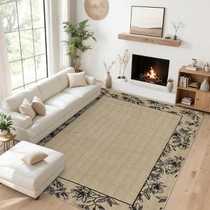 Soft Non-Slip Area Rug: Machine Washable, Low Pile Non Shedding, Solid Border & Floral Farmhouse Design for Home Spaces - 1 of 4