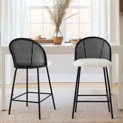 Jules Set of 2 Mesh Rattan Backrest Counter Stools with Back, Armless Upholstered Bouclé Fabric And Black Metal Base-The Pop Home