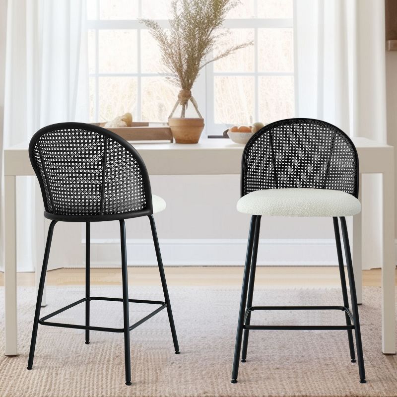 Jules Set of 2 Mesh Rattan Backrest Counter Stools with Back, Armless Upholstered Bouclé Fabric And Black Metal Base-The Pop Maison, 1 of 10