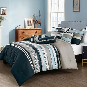 Home Mart Goods 7 Piece Navy Light Blue Striped Comforter Set Embroidery Soft Bedding - 1 of 4