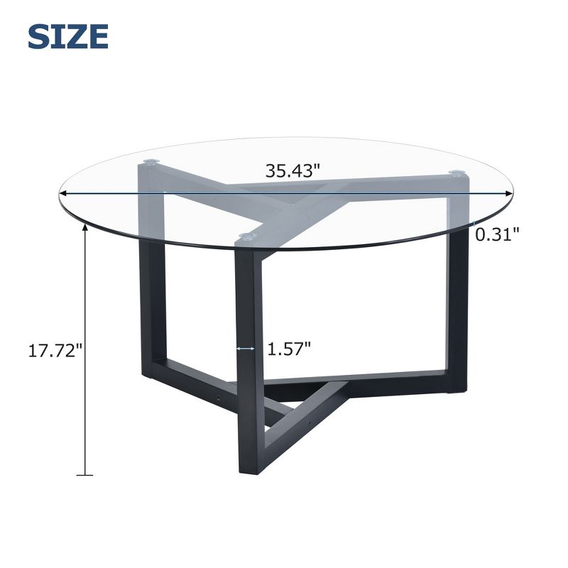 Modern Round Coffee Table Cocktail Table with Tempered Glass Top & Sturdy Wood Base-ModernLuxe, 3 of 8
