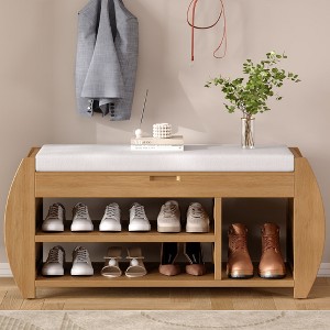 Sapphtopaz Storage Bench Shoe Rack Ottoman with Storage Retro Multifunctional Shoe Organizer with Cushion and Curved Side Panel for Entryway - 1 of 4