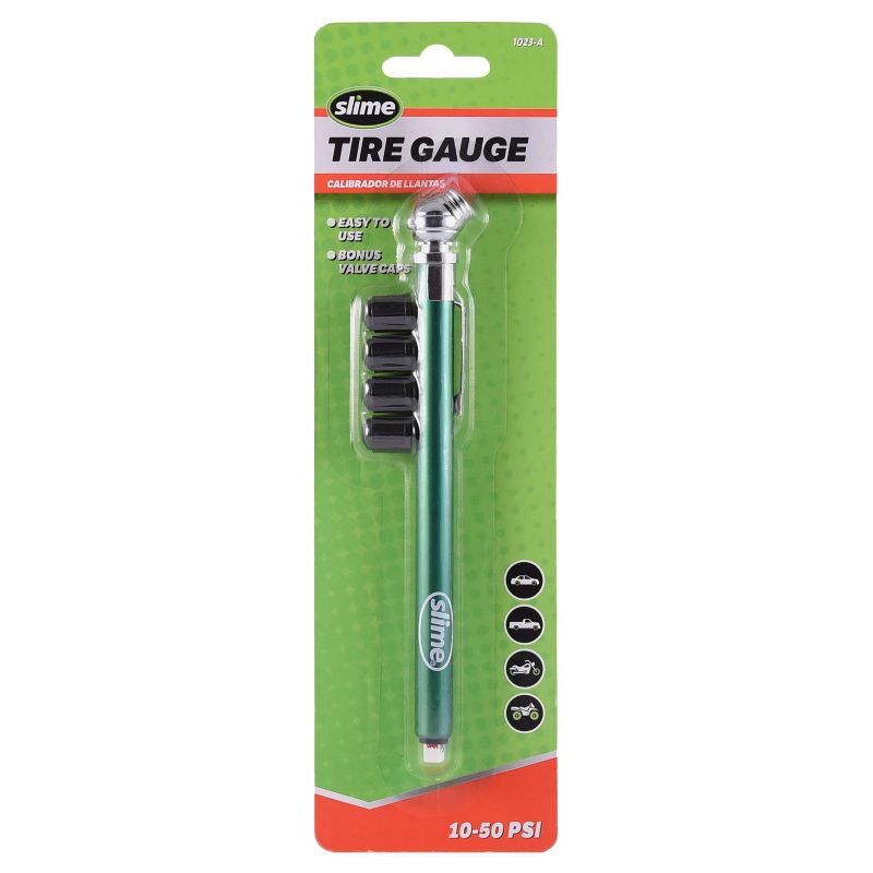 10-50 PSI Slime Pencil Tire Gauge with Valve Caps, 1 of 5