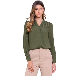 INSPIRE CHIC Women's Button Down V Neck Long Sleeve Casual Trendy Lace Blouses - 1 of 4