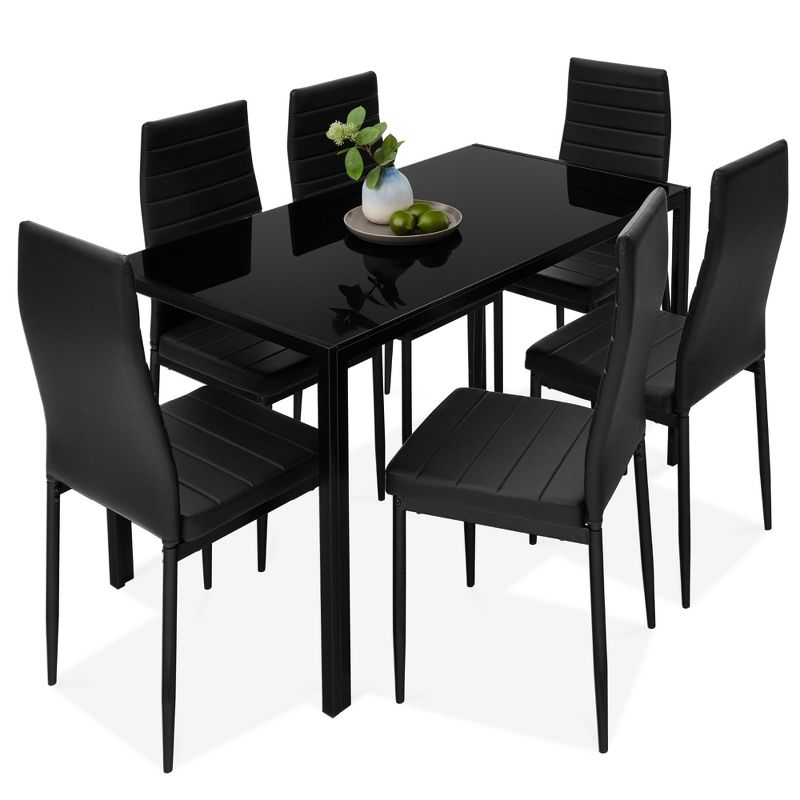 Best Choice Products 7-Piece Kitchen Dining Table Set w/ Glass Tabletop, 6 Faux Leather Chairs, 1 of 9