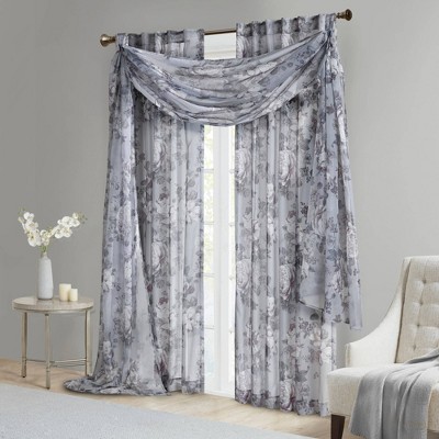 Gray Floral Sheer Rod Pocket and Back Tab Curtain Panel