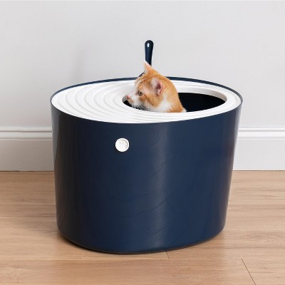 Navy and White Round Top Entry Cat Litter Box with Scoop