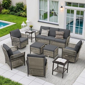 Buenhomino 9-Piece Outdoor Furniture Set – Sofa, Armchairs, Swivel Chairs, Ottomans & Side Tables with Cushions, PE Wicker Frame - 1 of 4