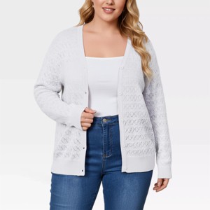 Womens Plus Size Caridigan Lightweight Crohcet Cardigan Ribbed Cuff Front Button Down Long Sleeve Sweater with V Neck - 1 of 4