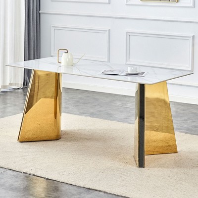 Sapphtopaz Dining Table Kitchen Table 63" Marble-Patterned Slab Table with Stainless Steel Butterfly Legs for Kitchen, Dining Room