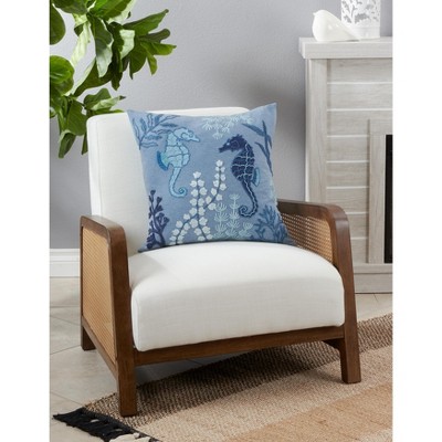 Blue Cotton Stonewashed Sea Horse Decorative Pillow Cover