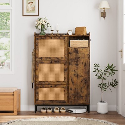 WhizMax Rattan Shoe Storage Cabinet with 3 Flip Drawers, Freestanding Organizer with Adjustable Shelves for Entryway, Narrow Shoe Rack Cabinet