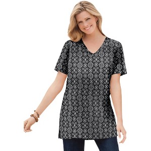 Woman Within Women's Plus Size Perfect Printed Short-Sleeve Shirred V-Neck Tunic - 1 of 4
