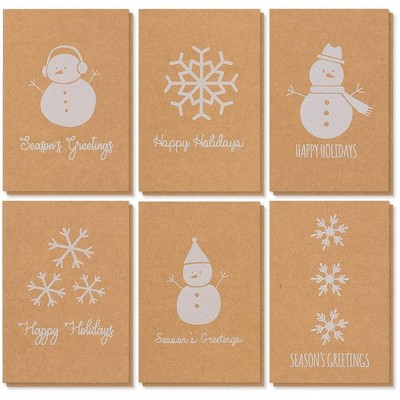 36-Pack Merry Christmas Holiday Greeting Cards Bulk Box Set - Winter Holiday Xmas Kraft Greeting Cards with Snowman Snowflake, Envelopes Included 4x6"