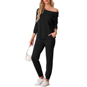 cheibear Women's Sweatshirt Jogger Lounge Set Long Sleeve Knit Round Neck Pajama Tracksuit - 1 of 4