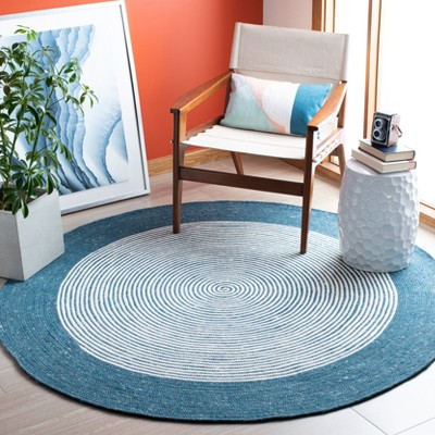 Ivory and Teal Round Braided Wool Area Rug