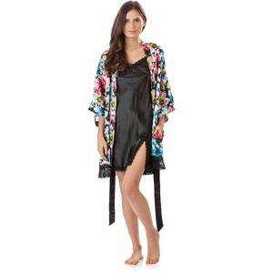 Ashford & Brooks Women's 2 Piece Satin Robe and Nightie Set - Floral/Black - Large - 1 of 4