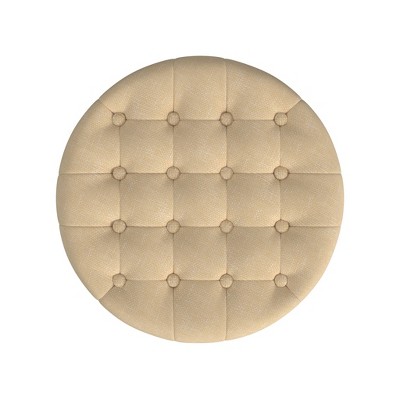 Light Tan Round Tufted Storage Ottoman with Wooden Legs