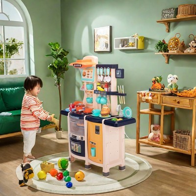 Infurnic Play Food and Toy Kitchens Set Kids Cooking Playset with Realistic Lights, Vivid Sounds, and 65 Pcs Accessories, Blue, 31.10"*9.10"*39.40"