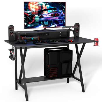 LYNSLIM Gaming Desk 39 Inch – Computer Deak for Home, K Shaped PC Gaming  Table, Ergonomic Gamer Desk with Headphone Hook, Cup Holder and Cable