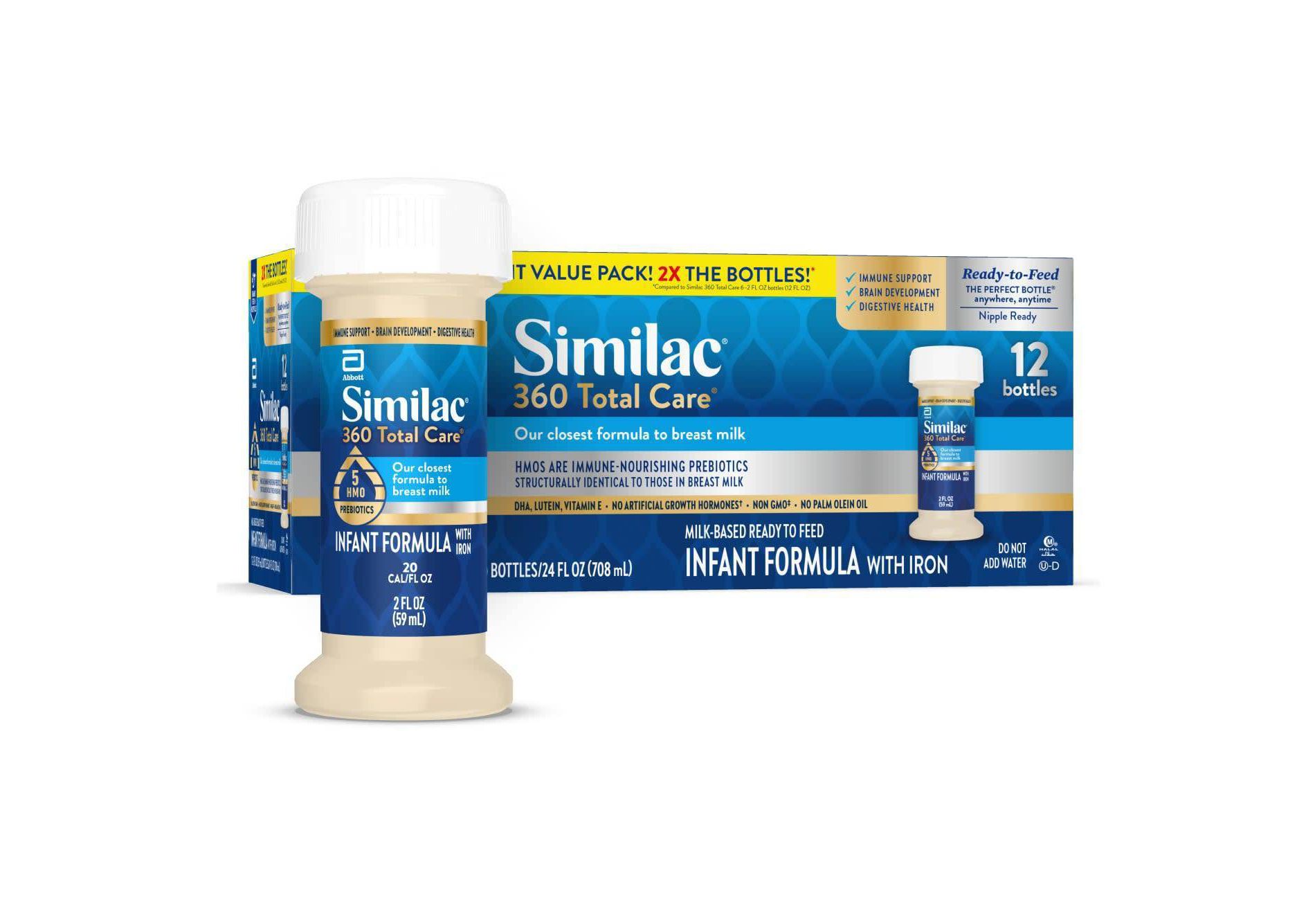 Similac 360 Total Care Non-GMO Ready to Feed Infant Formula Bottles - 2 fl oz Each/12ct: Kosher, Halal, Gluten-Free