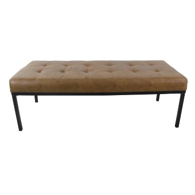 Light Brown Vegan Leather Tufted Metal Bench