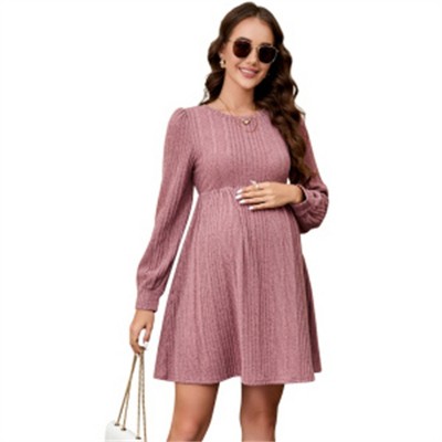 Clearlove Maternity Sweater Dress Puff Sleeve Crew Neck A-Line Swing Knit Dress Casual Loose Winter Pullover Sweater Midi Dresses