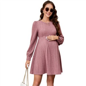 Clearlove Maternity Sweater Dress Puff Sleeve Crew Neck A-Line Swing Knit Dress Casual Loose Winter Pullover Sweater Midi Dresses - 1 of 4