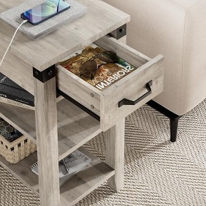 End Table with Charging Station, 3-Tier Narrow Side Table with Drawer Storage End Table Wood - 1 of 4