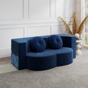 Ridstar Modern Convertible Plush Corduroy Foam-Filled Sofa Bed with 2 Pillows for Living Room-Blue - 1 of 4