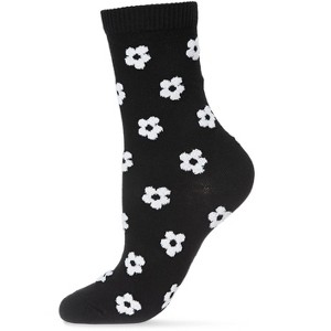 Memoi Women's Flocked Contrast Cotton Blend Floral Crew Sock - 1 of 2