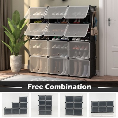 Black Metal and Plastic 12-Cube Shoe Rack Organizer