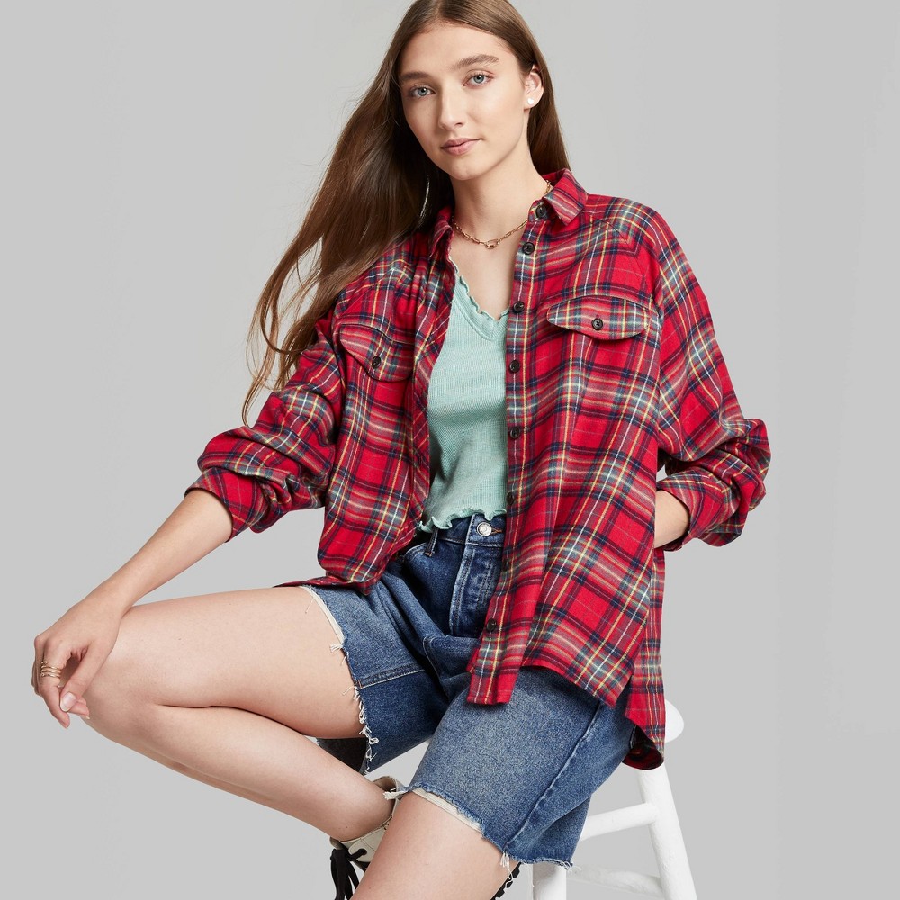 Women's Raglan Long Sleeve ButtonDown HiLow Flannel Shirt Wild