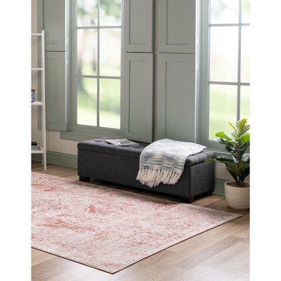 Rectangular Pink and Ivory Floral Easy Care Rug