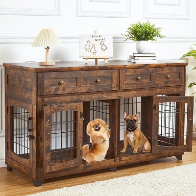 Dog Crate Furniture with 5 Doors, 58" Wooden Dog Kennel End Table with Large Capacity Drawers, Dog House with Openable Divider