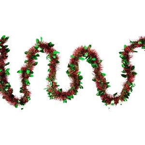 Northlight 12' x 4" Unlit Shiny Red Tinsel with Green Holly Leaves Christmas Garland - 1 of 4