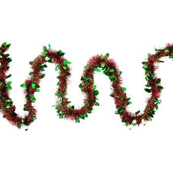Northlight 12' x 4" Unlit Shiny Red Tinsel with Green Holly Leaves Christmas Garland