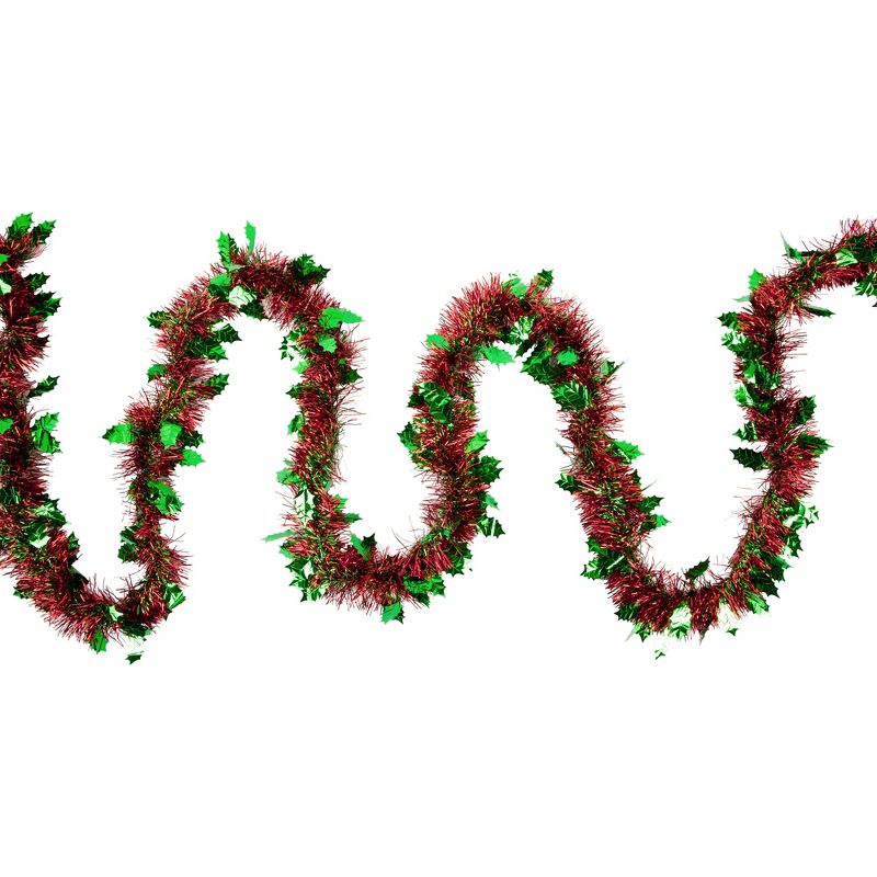 Northlight 12' x 4" Unlit Shiny Red Tinsel with Green Holly Leaves Christmas Garland, 1 of 6