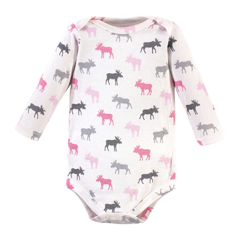 Hudson Baby Infant Girl Cotton Long-Sleeve Bodysuits, Pink Moose, 4 of 6