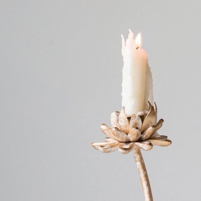 Distressed Gold Metal Flower Taper Candle Holders, Set of 2