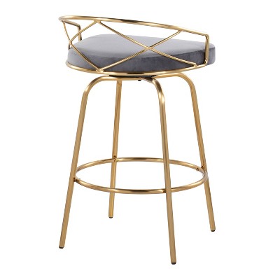 Charlotte 26" Gray Velvet and Gold Metal Swivel Counter Stools, Set of 2