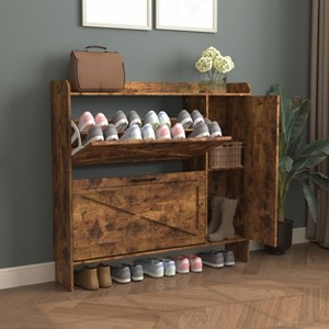 Shoe Storage Cabinet with 2 Flip Drawers, Wooden Narrow Shoe Rack Cabinet, Freestanding Hidden Shoe Organizer for Entrance Hallway Living Room - 1 of 4