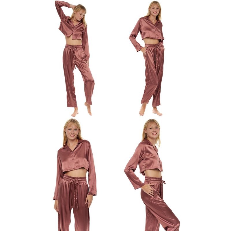 Women's Crop Top Satin Pajamas Lounge Set, Long Sleeve Top and Pants with Pockets, Silk like PJs, 3 of 4
